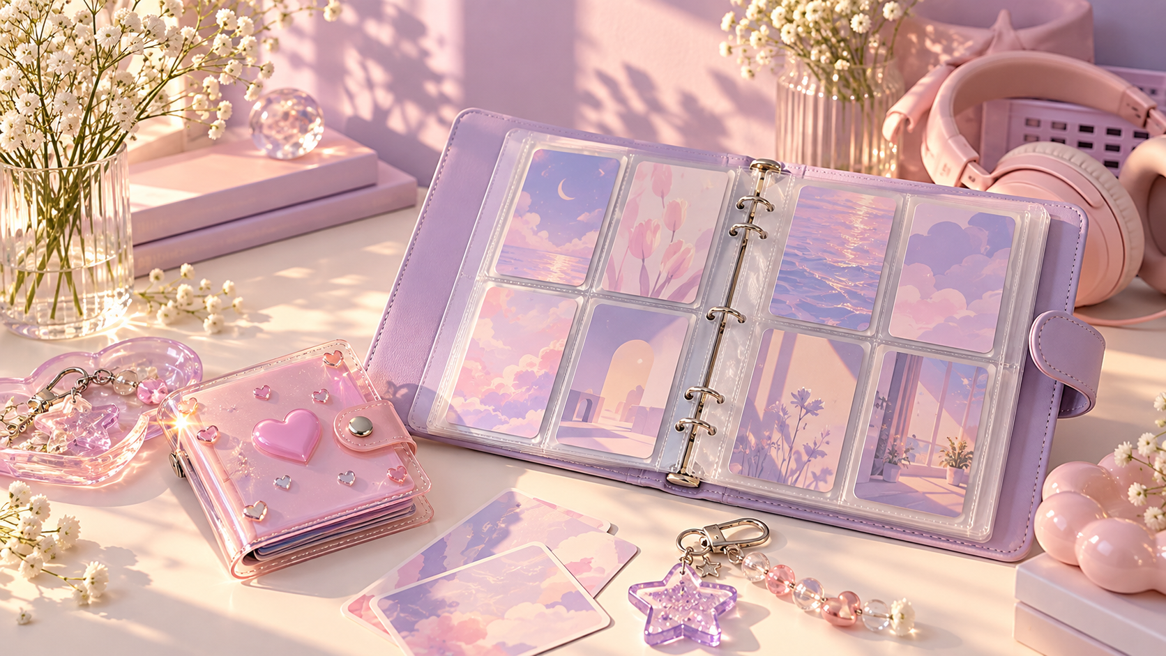 Álbum, tarjetas ilustradas y accesorios de muestra en un escritorio